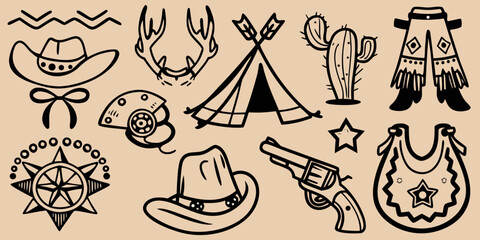 Western Cowboy Symbols And Items Vector Illustration Beige Background © Bijoy