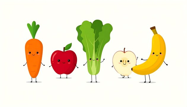 Colorful cartoon vegetables and fruits with faces.