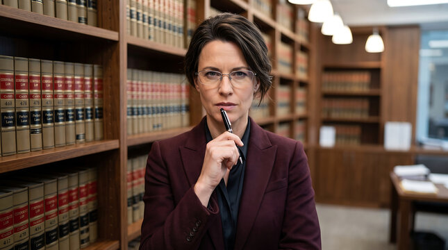 Serious woman in glasses and suit holding pen in library with law books, thoughtful and professional