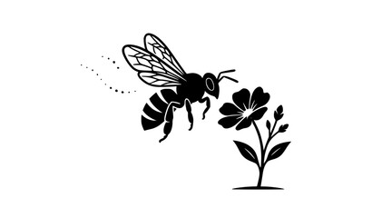 Fototapeta premium Black Bee Flying to Wildflower Silhouette Vector Simple Nature Illustration Isolated on White Background