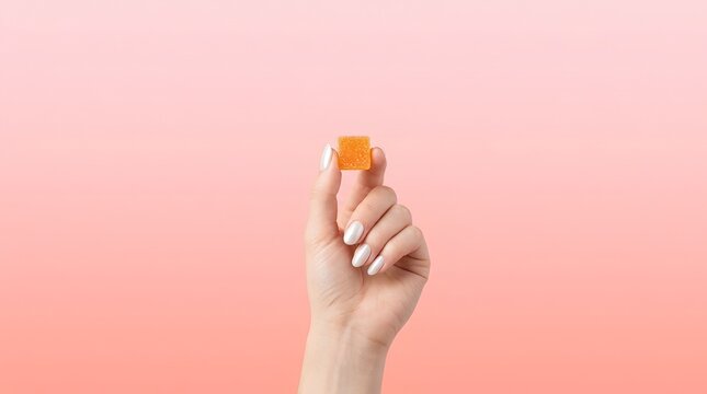 Woman Hand Holding Orange Gummy Supplement Candy or CBD Jelly Cube Isolated on Pink Background