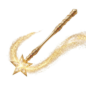 Ornate golden magic wand with star emitting sparkling golden dust isolated on transparent background
