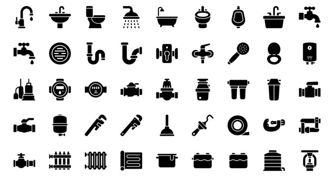 A comprehensive collection of black plumbing and heating icons featuring various tools fixtures pipes and maintenance equipment for professional service design