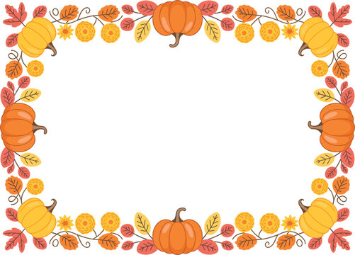 Decorative autumn harvest vector frame featuring pumpkins, colorful fall leaves, and marigold flowers