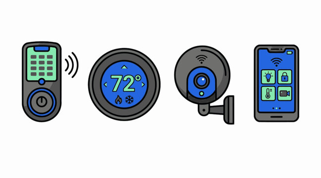 Minimalist Flat Cel Shaded Connected Smart Lock and Thermostat Graphic Asset