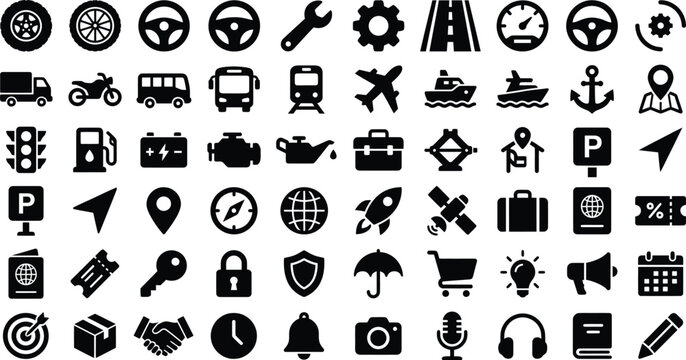 A comprehensive collection of black silhouette icons representing various transportation modes travel logistics automotive parts navigation tools and general business services symbols