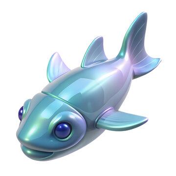 Futuristic translucent blue lanternfish in glossy 3D cartoon style, isolated transparent PNG deep sea creature icon for ocean science, games, children&rsquo;s design, and digital branding