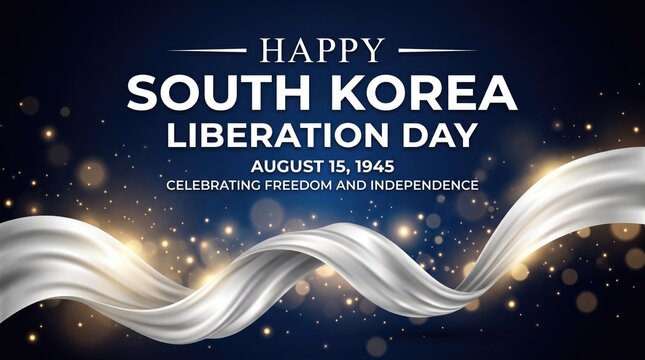 Happy South Korea Liberation Day August 15 1945 banner with wavy silk background and stars
