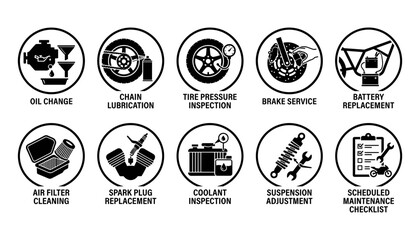 Motorcycle Maintenance Checklist with Oil Change, Chain Lubrication and Tire Pressure Icons Featuring Inspection, Brake, Service