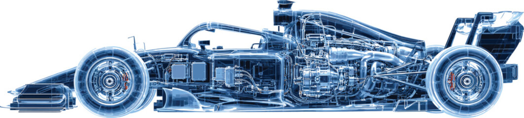 Obraz premium Formula One Racing Car X-Ray Blueprint Side View Showing Internal Components in Blue Vector Illustration Design