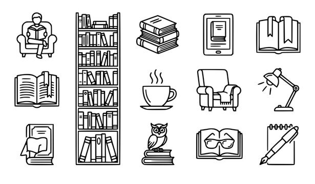 Reading and Education Line Icon Set Vector Black and White