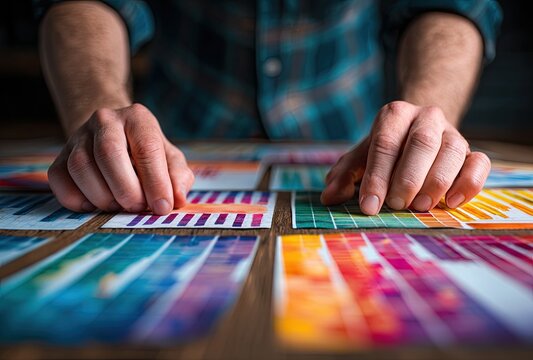Close-up of person examining color swatches on a table