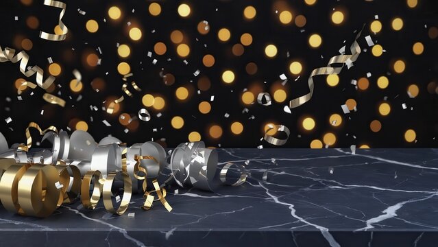 Gold ribbons and confetti on marble