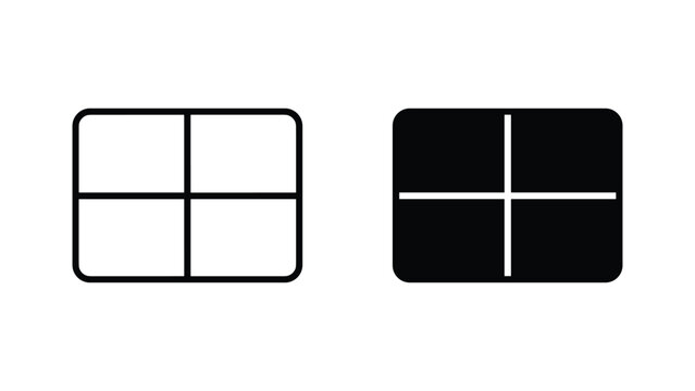 Grid layout four squares vector icon set in outline and solid black style for interface design