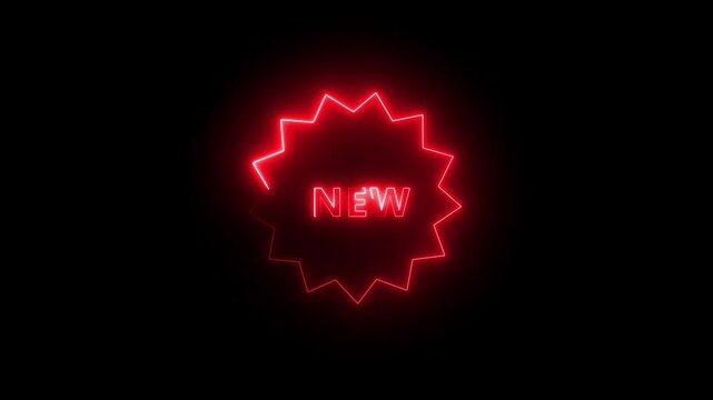 Neon new text and cirle icon. offer sale discount store price shopping template banner text letter sign symbol on black background.4k graphic.