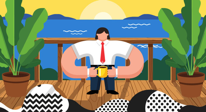 A businessman with exaggeratedly large arms holds a coffee mug while standing on a wooden deck overlooking the ocean at sunrise.