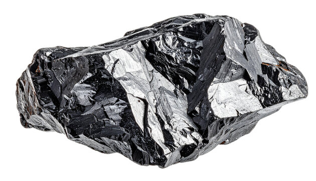 Raw iron ore stone with grey metallic texture and rugged natural surface, isolated on transparent background