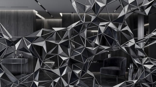 Geometric sculpture made of dark metallic triangles stands as a modern architectural feature within a luxury interior space.