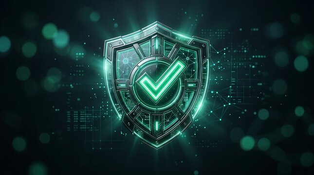 Futuristic cybersecurity shield with glowing green checkmark icon on dark tech background