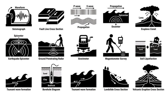 Seismology and geophysics icon set. Earth science symbols for geological research.