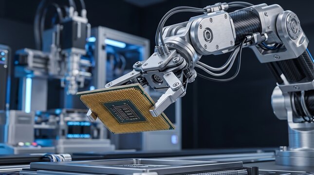 Robotic arm manipulator holding a computer CPU processor in a high-tech automated factory