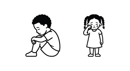 Sad children line art illustrations depicting grief and emotional distress on white background