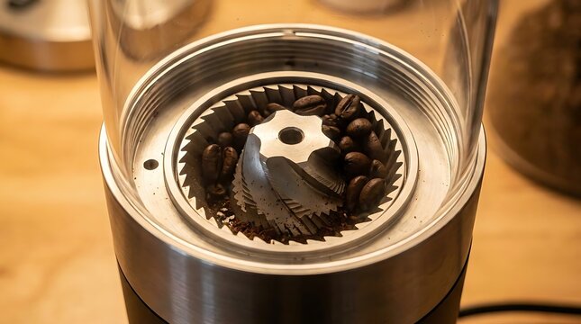 Metal coffee grinder burrs with roasted beans.