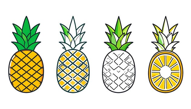 Four stylized pineapple illustrations with leaves.