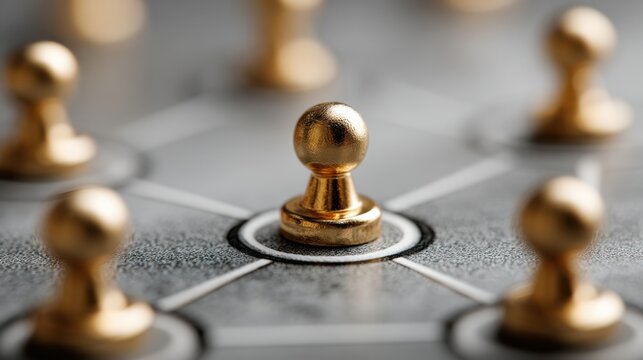 Golden pawn surrounded by several other pawns illustrating strategic role mapping and minimalistic game concepts