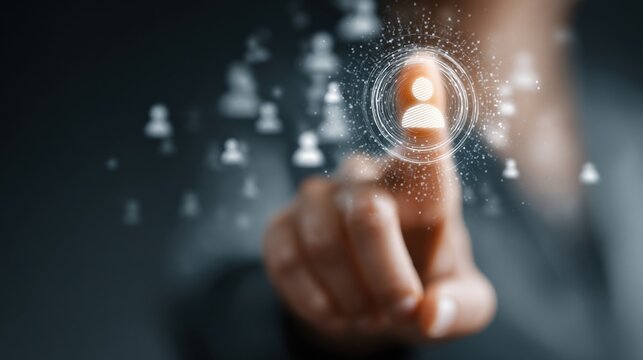 Close-up of a finger touching a fingerprinted finger for robotic stakeholder mapping tool icon concept with ai focus