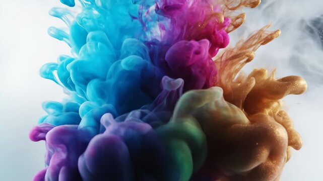 Blue, purple and gold ink clouds swirling in clear water, abstract liquid background.