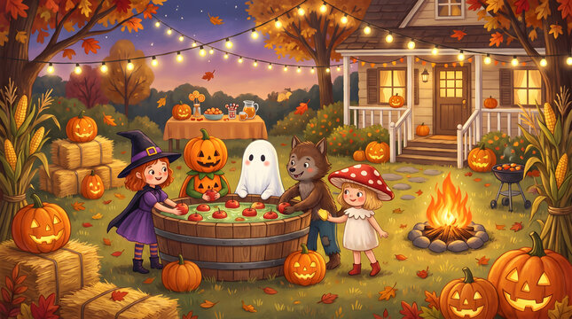 Cute children in Halloween costumes bobbing for apples at a backyard autumn party