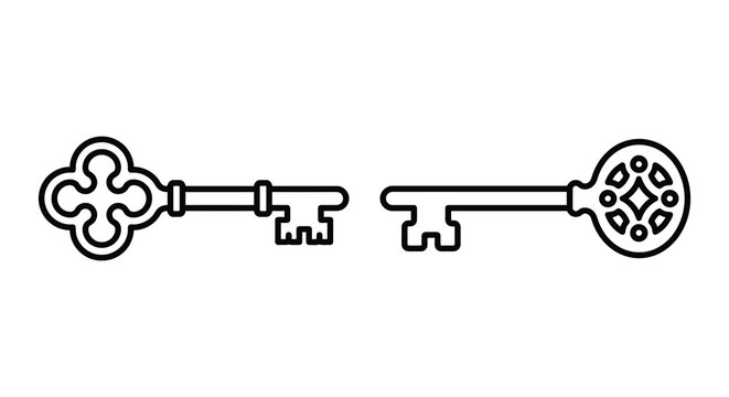 Skeletal key with ornate bow and bit black line art on white background