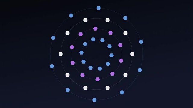 Abstract animated molecules orbiting a vaccine core drawn as blue and cyan lines and dots on a deep dark background. Seamless looping 4K video element with free space around it, ideal for science comm