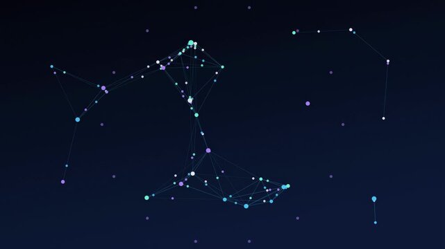 Abstract animated AI agents orbiting a central hub drawn as blue and cyan lines and dots on a deep dark background. Seamless looping 4K video element with free space around it, ideal for technology ex