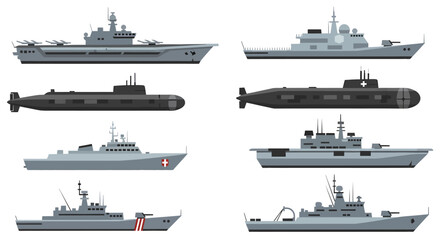 Eight stylized vector illustrations of various grey naval military ships and submarines arranged in two columns © Faisal