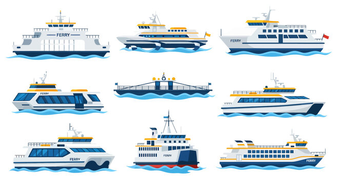 Nine assorted flatstyle ferry boat illustrations sailing on blue stylized waves