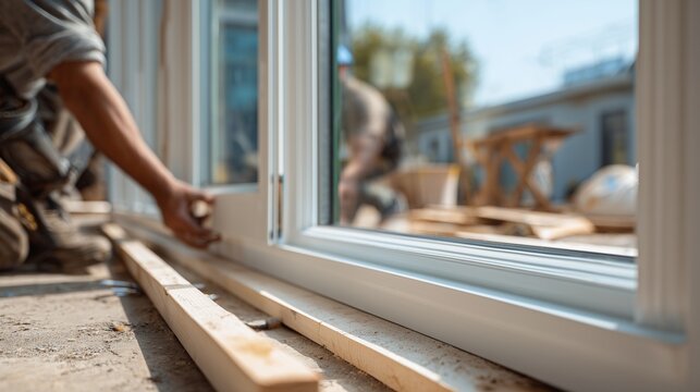 Contractor installing a new window frame at a home, showing window replacement service, renovation work, and exterior improvement.