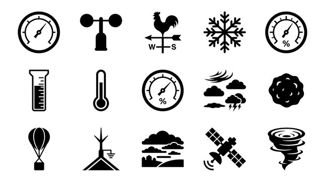 Weather and meteorology icon set. Collection of climate symbols and atmospheric signs.
