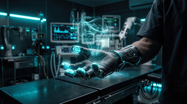 Robotic medical glove showing holographic projection of human organ system inside advanced clinical workspace.