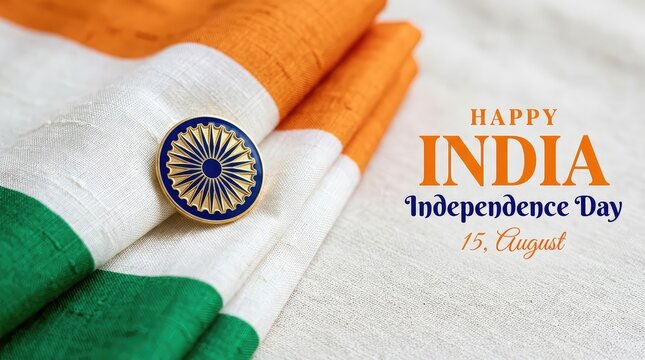 Happy India Independence Day 15 August banner with folded tricolor silk cloth and Ashoka Chakra badge