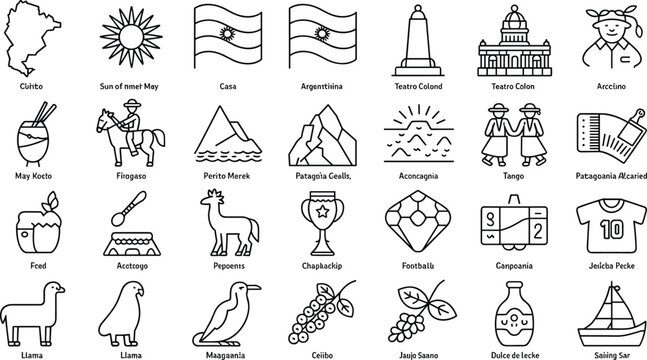 Argentina Country Icon Set Flat Design Vector Collection Landmark Culture Food Wildlife Symbol with Text Labels Travel Tourism