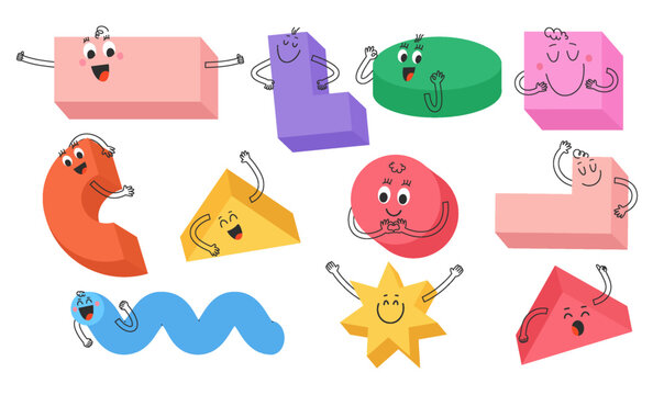Geometric playful characters with joyful expressions. Cute comic creatures with various facial and hand expressions in a trendy cartoon style. Vector illustration.
