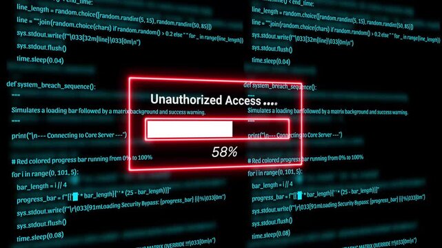  Cyber Security Hacker Terminal with unauthorized access Alert and Matrix Code Background Motion Graphics