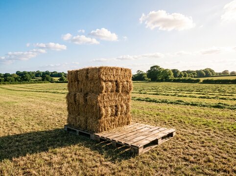 Neatly stacked rectangular straw hay bales resting on a wooden pallet in a vast green agricultural field.