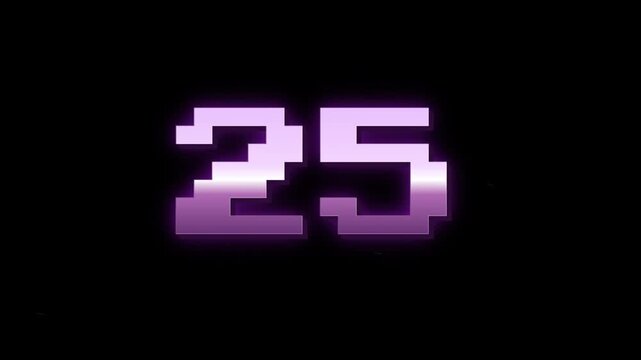 Metal numbers countdown 30 on black background 4k footage, Huge metal countdown footage presents a pixelated purple sequence with glowing digital textures. 4k video