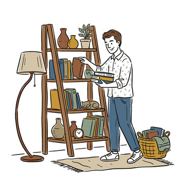 Young man arranging books on wooden ladder shelf in cozy apartment interior collection