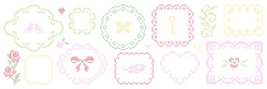 Cross-stitch frames and borders. Oval, round shapes with vintage embroidery elements. Retro hand made covers for branding, scrapbooking and social media.