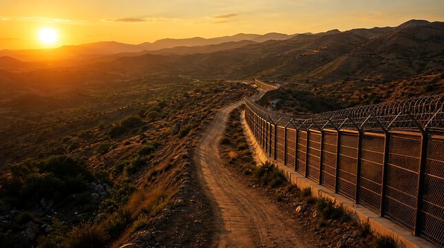 Dusty dirt patrol road winding along high security border fence through mountain valley at sunset representing border surveillance and national defense