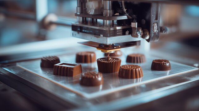 Automated food printing machine deposits chocolate onto molds, showing precise confectionery production and digital manufacturing.